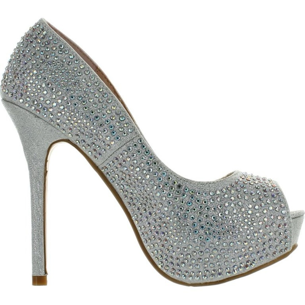 Sparkling Silver Rhinestone Peep-Toe Heels